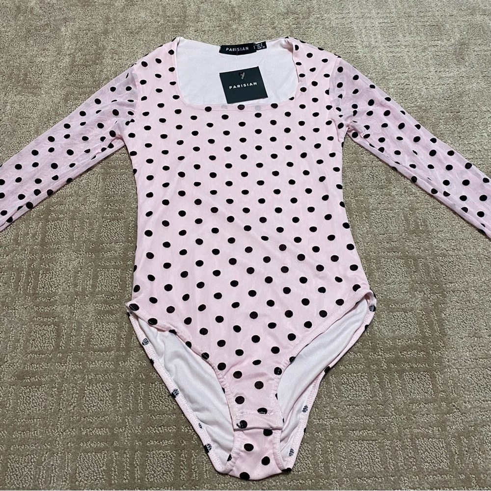 {NWT} Parisian Pink/Black Polka Dot Long Sleeve Bodysuit Size 4 - Picture 2 of 15